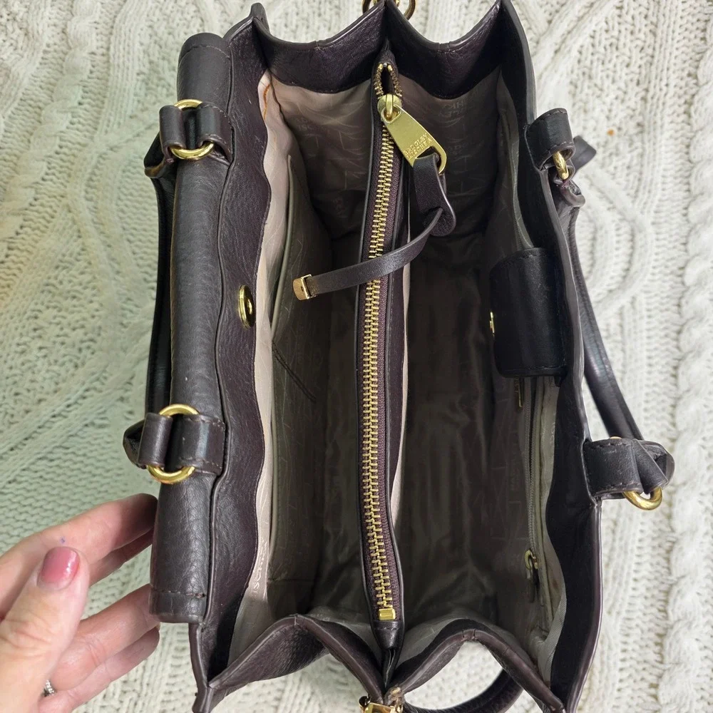 Badgley Mischka‎ Satchel Shoulder Bag Dark Brown Thick Pebbled Leather Gold Logo
